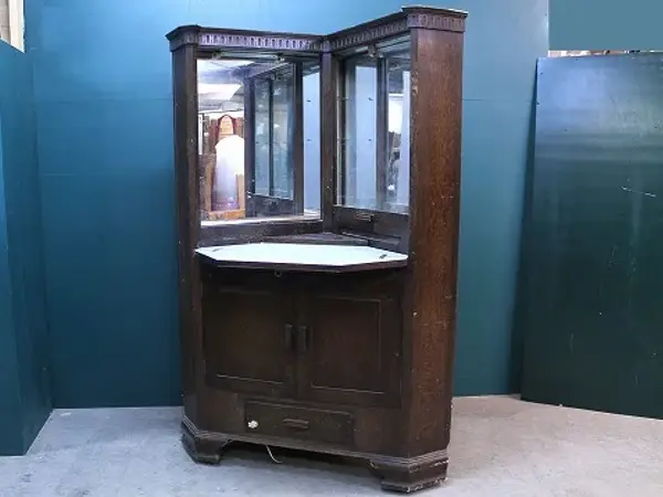 コーナーキャビネット｜オーク材・1930年代 ミラーバックの飾り棚 3