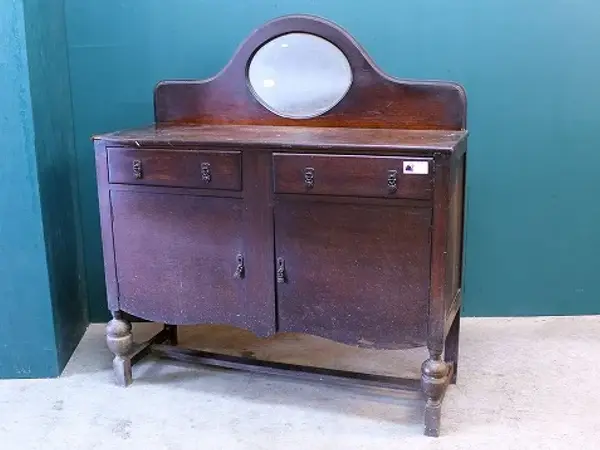 ミラーバックサイドボード｜オーク材・1930年代 楕円ミラー付き 1