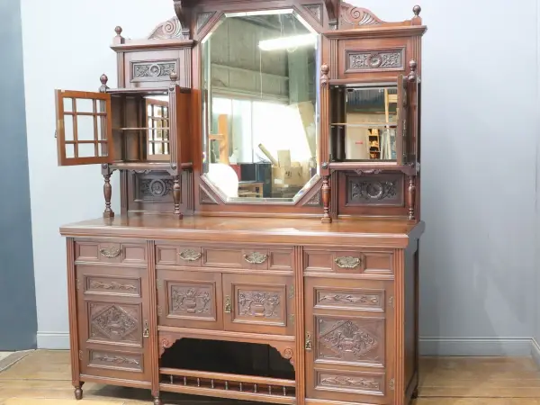 ミラーバックサイドボード｜マホガニー材・1880年代 彫刻尽くしの大型逸品 4