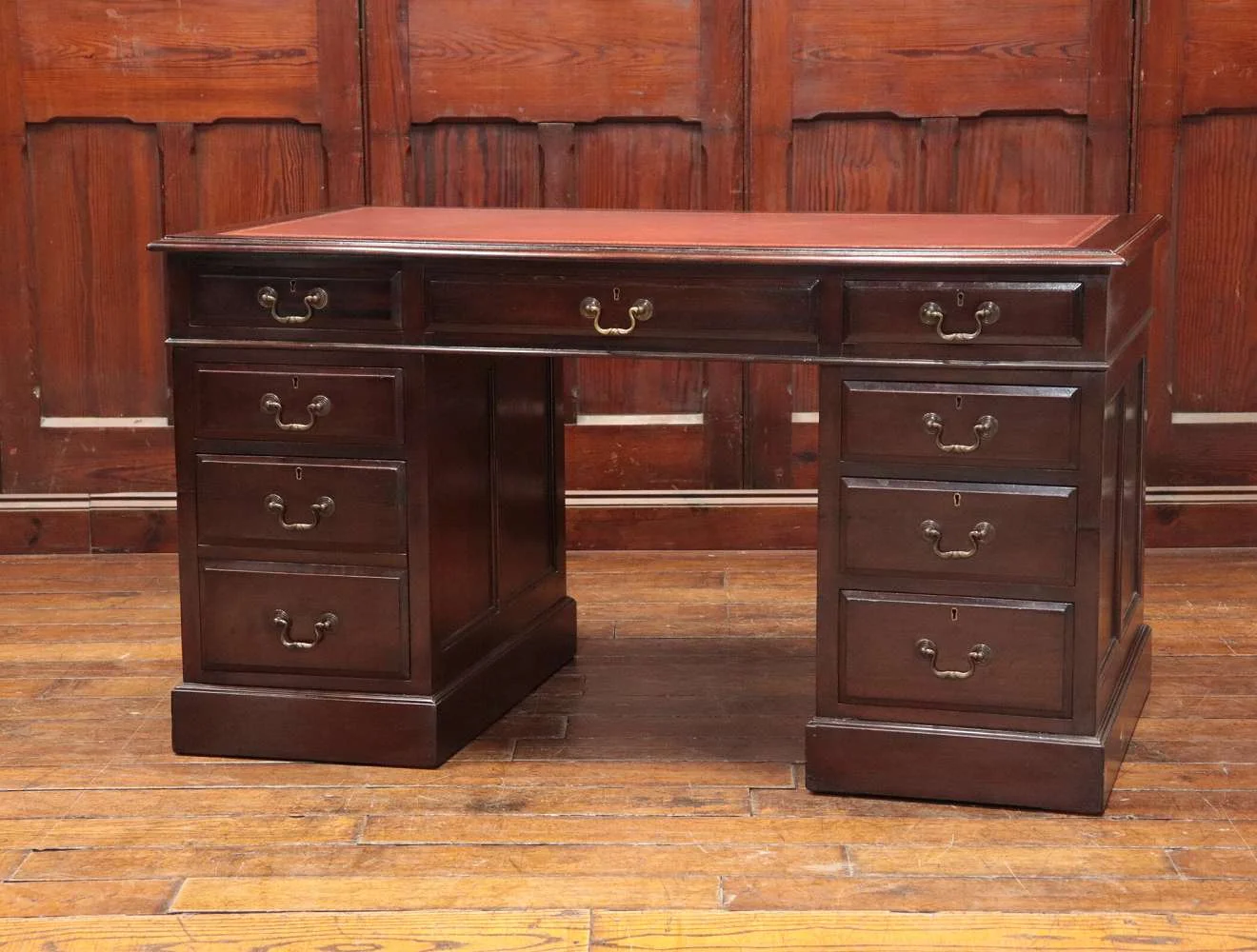 ペデスタルデスク｜マホガニー材・1930年代 レザートップの両袖机